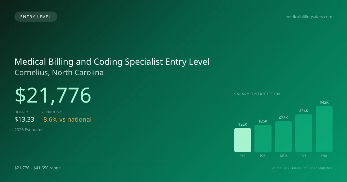 Medical Billing and Coding Specialist Entry Level Salary in Cornelius, NC — 2026 est., based on 2025 BLS